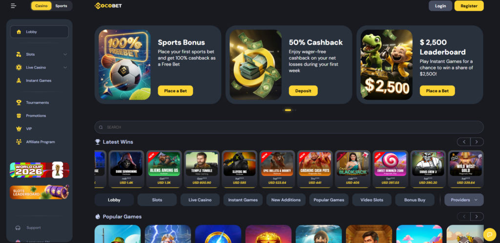 CocoBet casino interface, a crypto-first non GamStop site launched in 2024