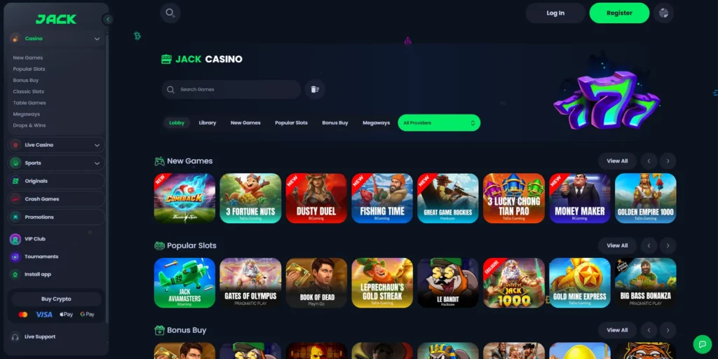 JACK casino homepage, a Curaçao-licensed non GamStop operator